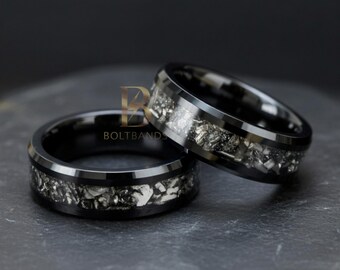 Wolfraamring met meteorietinleg | Zwarte meteoorring | 6 MM/8 MMGalaxy-ring | Trouwring heren | huwelijkscadeau | Statementring