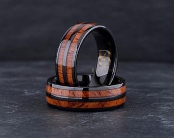Whiskyvatring met houtinlegwerk | Manring met wolfraam en houtinlegwerk | Beloftering heren | Statementring: trouwring heren, huwelijkscadeau