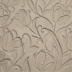 May include: A detailed, neutral-toned relief carving featuring a repeating floral pattern of tulips and leaves. The design is intricately carved, showcasing the texture and form of the flowers and foliage.