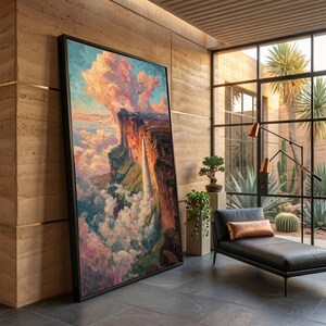 Quadro su tela con cascata del Monte Roraima, dipinto paesaggistico colorato, cielo e scogliere spettacolari, decorazione per la casa a tema natura, vibrante scena di montagna.