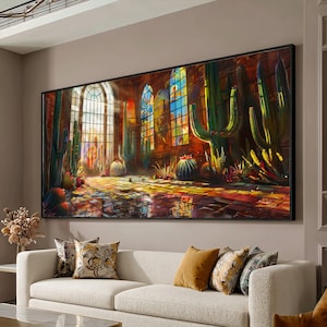 Sunlit Desert Sanctuary, Cactus Indoor Garden Canvas, Stained Glass Window Wall Art, Warm Light Reflection Canvas, Home Decor Artwork