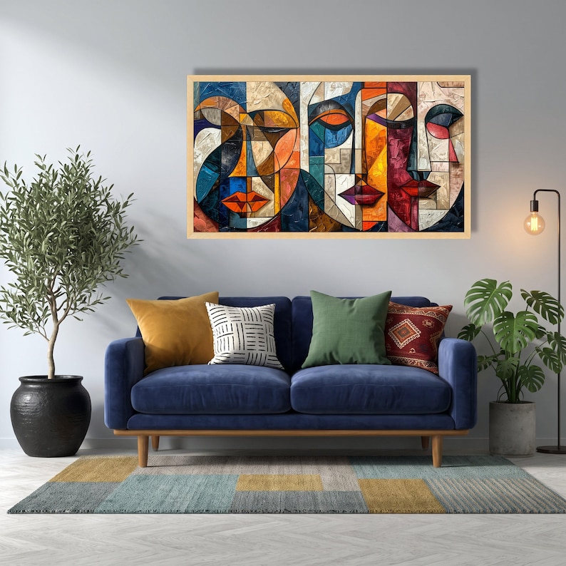 Colorful Abstract Faces Canvas, Modern Cubism Wall Art, Geometric Portrait Decor, Vibrant Room Canvas, Contemporary Home Decoration image 7