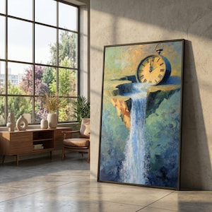 Surreal Time Waterfall Canvas, Fantasy Wall Art, Vintage Clock Painting, Nature Flow Artwork, Home Decor Canvas Print