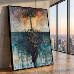 May include: A framed abstract painting of a tree with visible roots. The artwork is split, with an earthy, textured upper section and a dark, watery lower section. The colour palette includes browns, blues, and oranges.