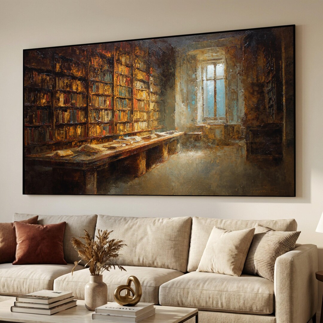 Vintage Library Interior Canvas, Antique Bookshelf Wall Art, Cozy Study ...