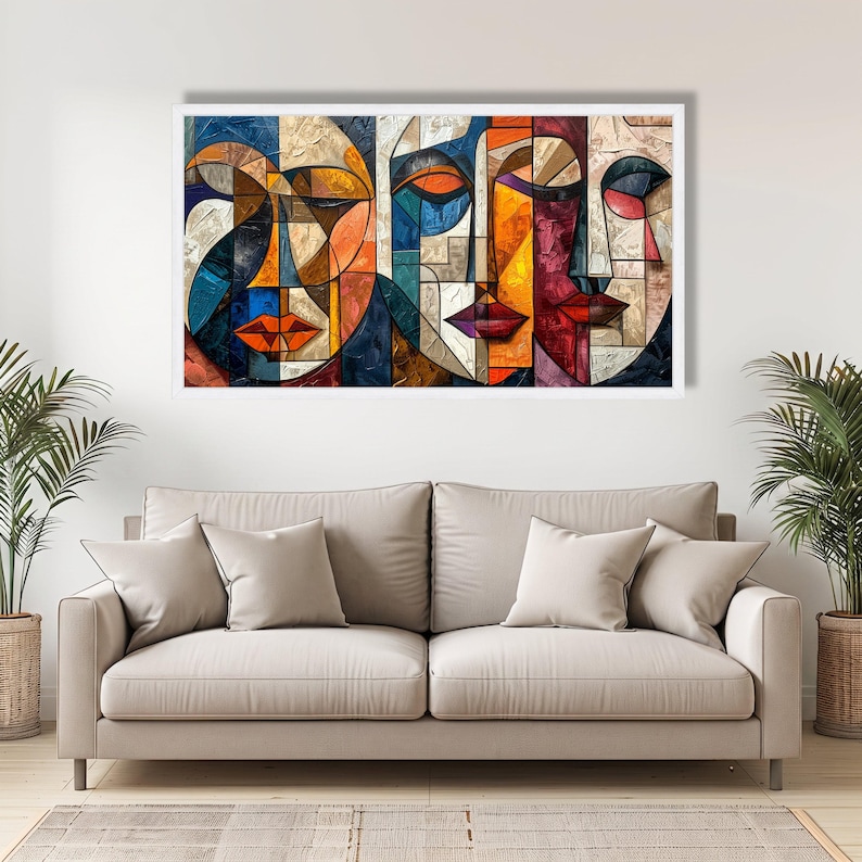 Colorful Abstract Faces Canvas, Modern Cubism Wall Art, Geometric Portrait Decor, Vibrant Room Canvas, Contemporary Home Decoration image 6