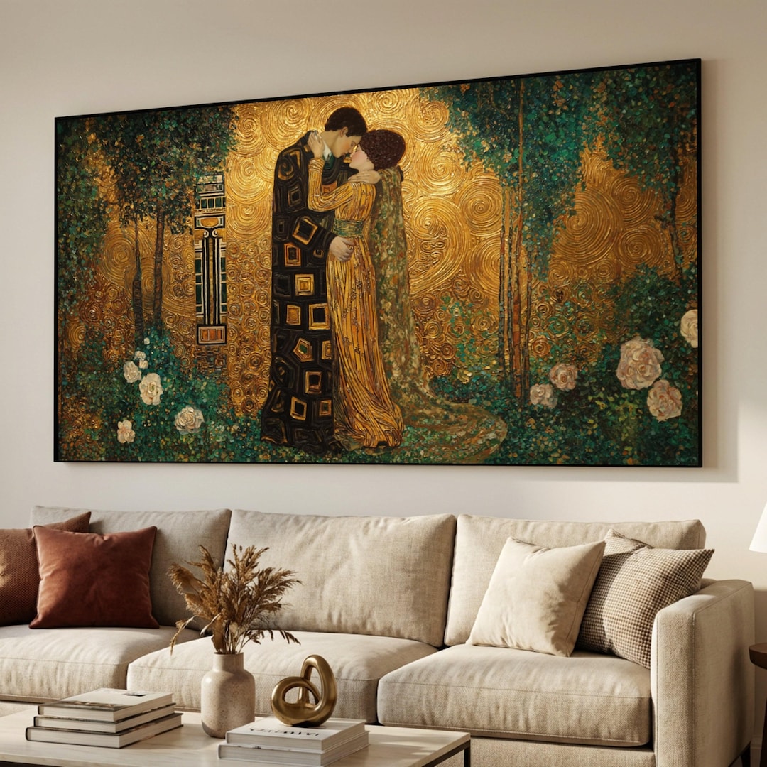 Gustav Klimt Style Kiss Canvas, Romantic Embrace Wall Art, Gold Leaf ...