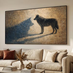 Lone Wolf with Shadow Reflection Canvas, Abstract Animal Wall Art, Mystical Wildlife Painting, Home Decor Canvas, Ready to Hang Artwork