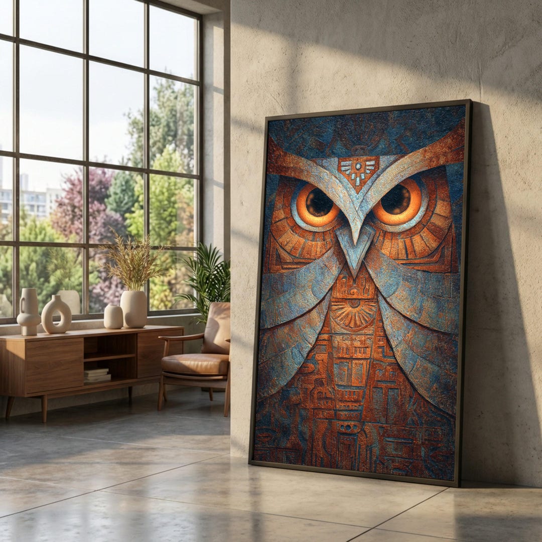 Tribal Owl Abstract Canvas Wall Art, Geometric Animal Design, Rustic ...