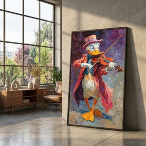 Elegant Duck Playing Violin Canvas, Colorful Animal Portrait, Musical Instrument Wall Art, Classic Performance Scene, Artistic Home