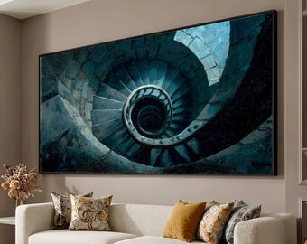 Spiral Stone Staircase Canvas, Architectural Wall Art, Dark Blue Home Decor, Abstract Canvas, Modern Interior Decoration
