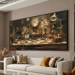Lienzo de taller de relojero antiguo, arte mural de relojes antiguos, ilustración de herramientas mecánicas, decoración steampunk, lienzo de taller clásico
