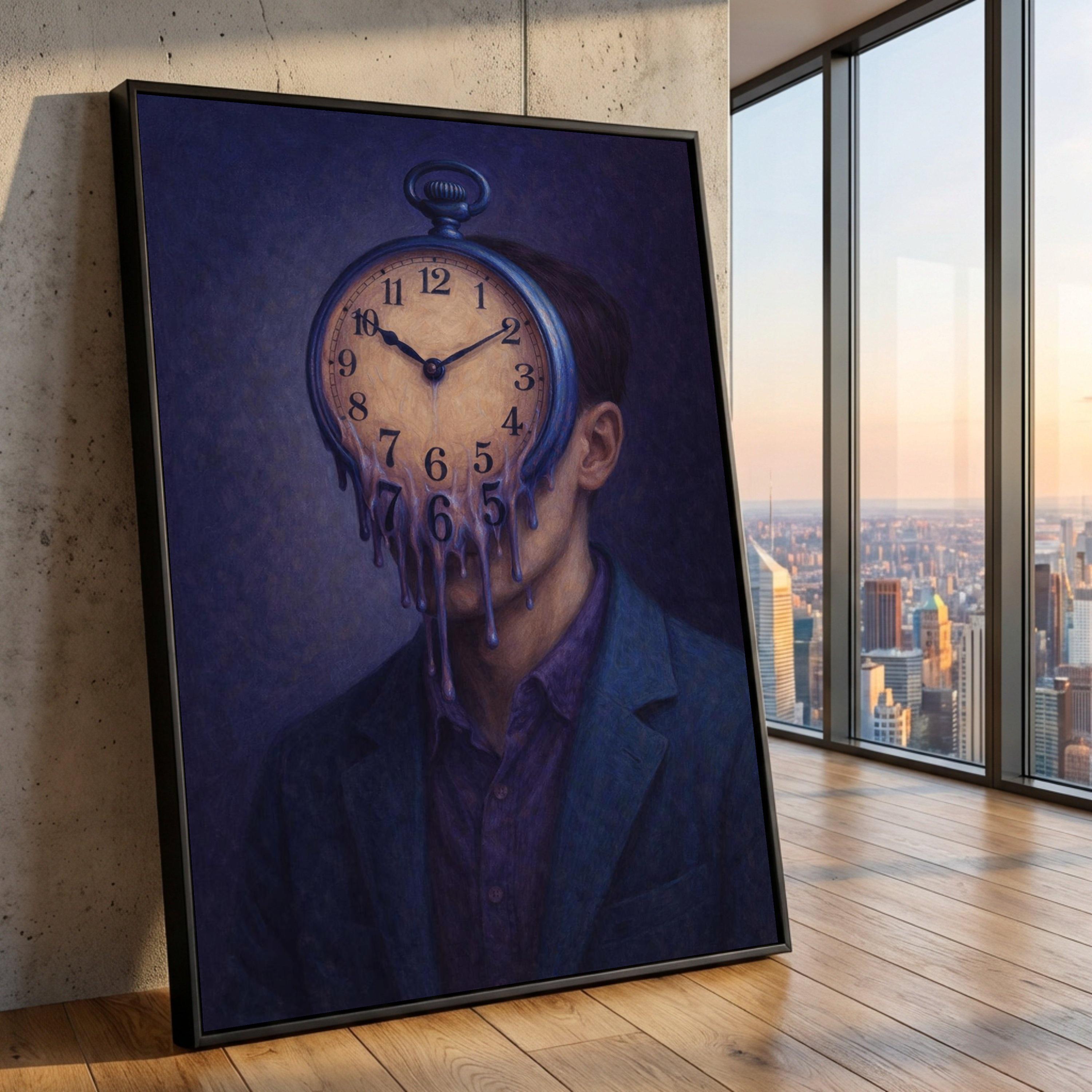 Surreal Melting Clock Face, Man Portrait Canvas Wall Art, Time Concept ...