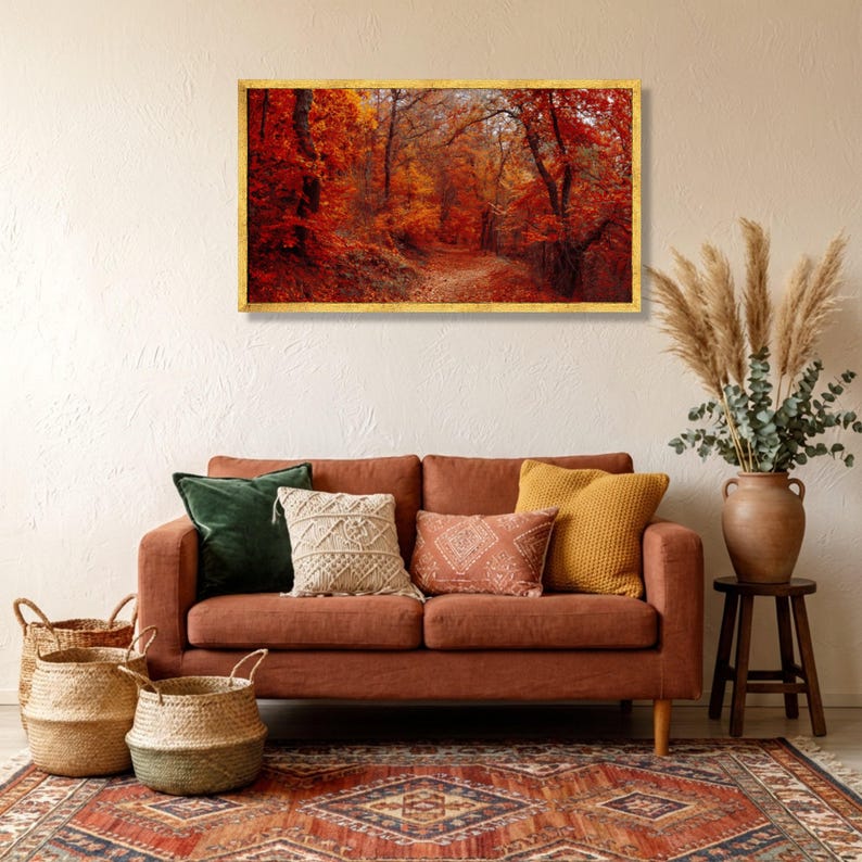 Autumn Forest Path Canvas Wall Art, Fall Foliage Decor, Vibrant Orange ...
