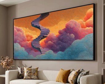 Puede incluir: Una pieza de arte mural rectangular que presenta una pintura al óleo texturizada de una escalera de piedra en espiral que asciende a través de nubes densas y vibrantes en tonos naranja, rosa, morado y azul, con un marco negro.