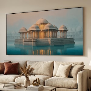 Lienzo con diseño de un antiguo pabellón de mármol, arte mural arquitectónico, reflejo de un templo indio, escena de agua brumosa, decoración de monumentos históricos, listo para colgar.