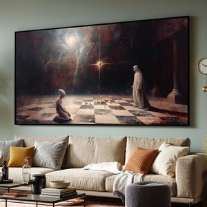 Kosmisch schaakduel van museumkwaliteit canvas muurkunst, surrealistische ruimtespelscène, fantasieschaakbordkunstwerk, galactische woondecoratie