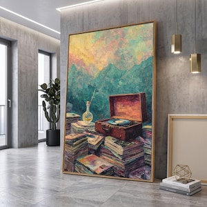Vintage Record Player Canvas, Retro Music Art, Stacks of Vinyl Records, Old School Turntable Canvas, Nostalgic Wall Decor
