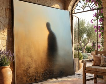 May include: Large framed artwork featuring a blurred silhouette of a person against a warm, golden and blue background. The artwork is displayed in a rustic outdoor setting with a stone wall, terracotta tiles, and a wooden bench.