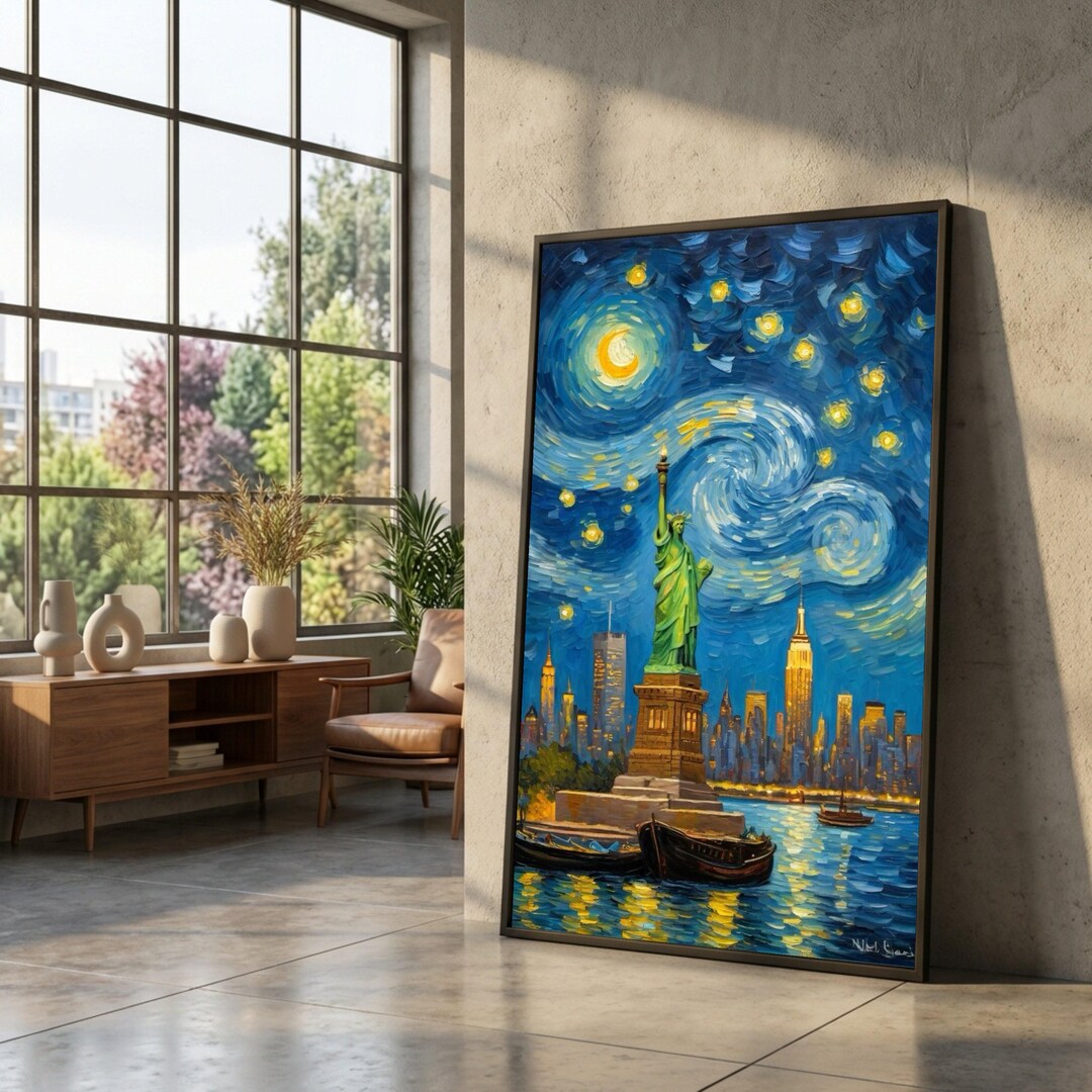 Starry Night Over New York Canvas, Statue of Liberty Wall Art ...