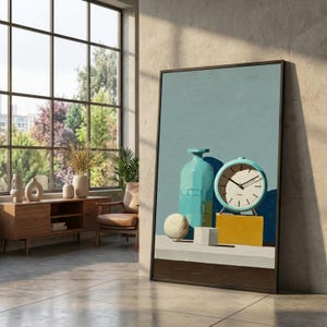 May include: A framed art print featuring a still life composition. The artwork showcases a turquoise bottle, a round clock, a sphere, and a cube on a shelf, set against a light blue backdrop. A yellow block supports the clock.