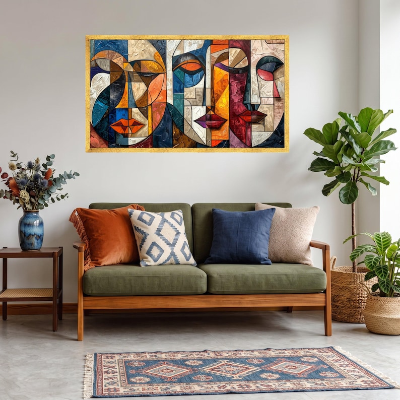 Colorful Abstract Faces Canvas, Modern Cubism Wall Art, Geometric Portrait Decor, Vibrant Room Canvas, Contemporary Home Decoration image 3