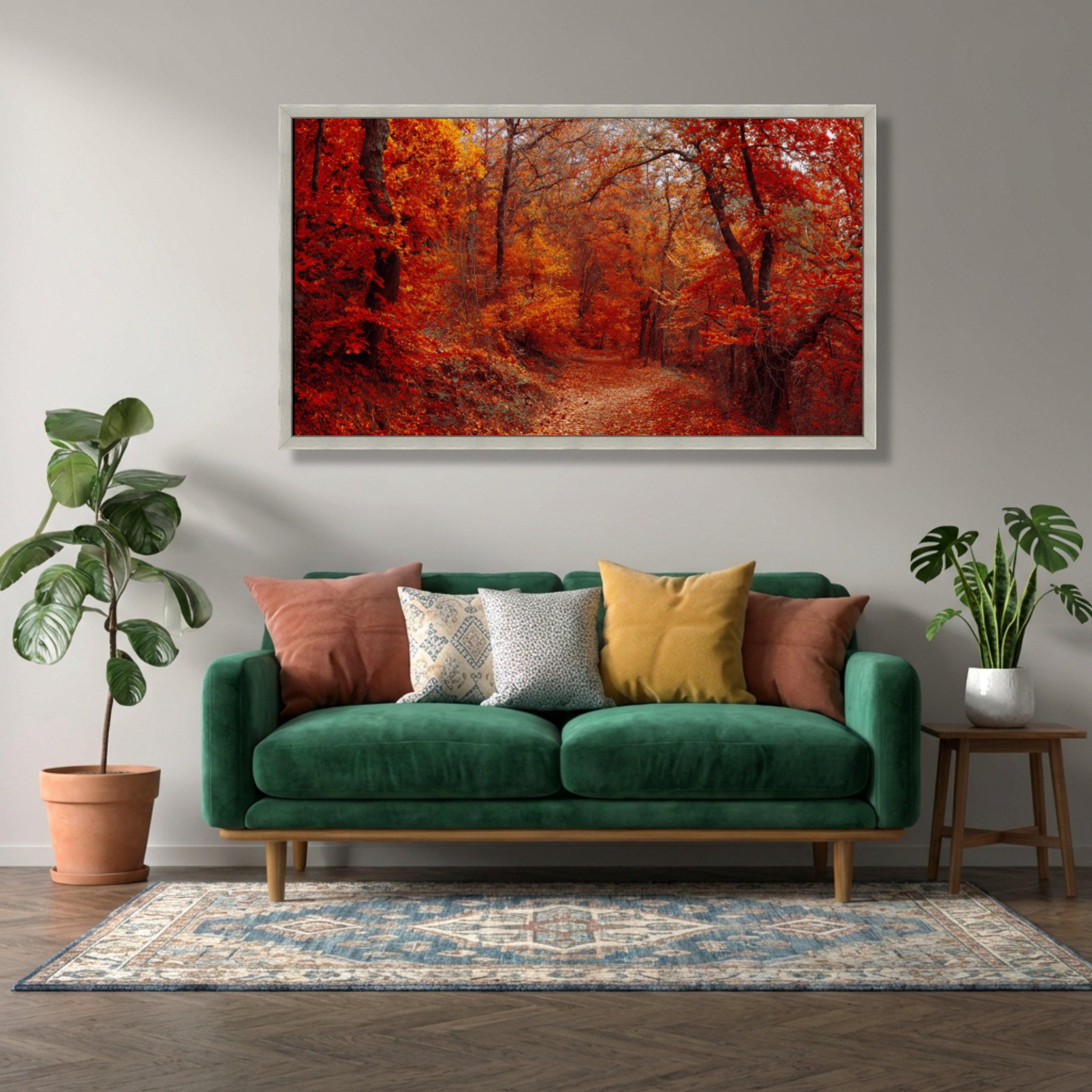Autumn Forest Path Canvas Wall Art, Fall Foliage Decor, Vibrant Orange ...