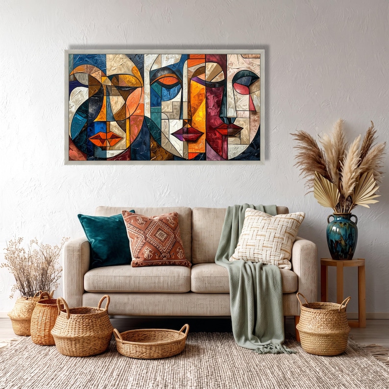 Colorful Abstract Faces Canvas, Modern Cubism Wall Art, Geometric Portrait Decor, Vibrant Room Canvas, Contemporary Home Decoration image 5