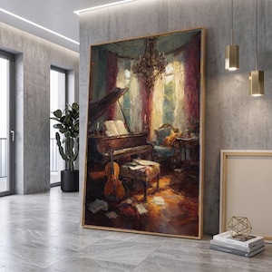 Vintage muziekkamer canvas, vleugel en cello muurdecoratie, klassieke instrumenten decoratie, elegant interieur schilderij, canvas voor thuismuziekstudio