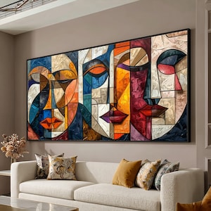 Colorful Abstract Faces Canvas, Modern Cubism Wall Art, Geometric Portrait Decor, Vibrant Room Canvas, Contemporary Home Decoration image 1