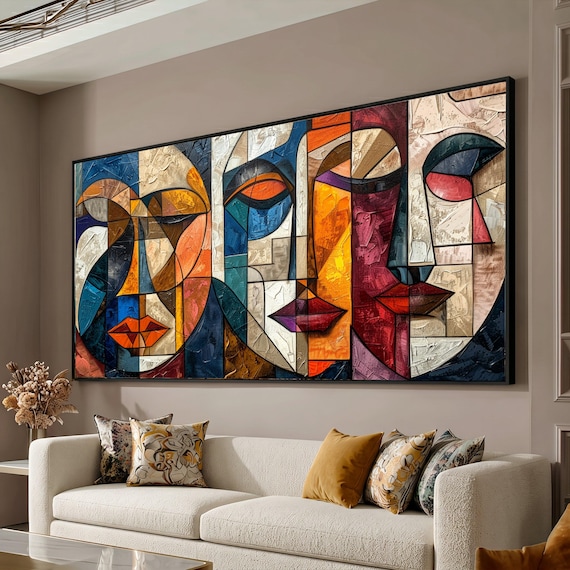 Colorful Abstract Faces Canvas, Modern Cubism Wall Art, Geometric Portrait Decor, Vibrant Room Canvas, Contemporary Home Decoration