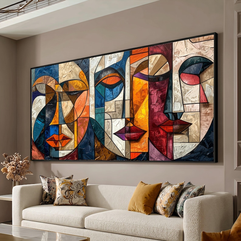 Colorful Abstract Faces Canvas, Modern Cubism Wall Art, Geometric Portrait Decor, Vibrant Room Canvas, Contemporary Home Decoration image 1