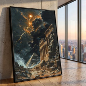 Lienzo de pirámide y templo del antiguo Egipto, arte mural de cielo tormentoso dramático, lienzo de arquitectura histórica, decoración de escena nocturna mística