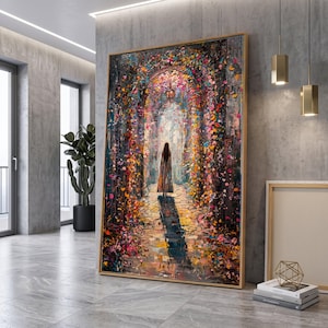 Mujer caminando a través de un arco floral (lienzo), arte mural de sendero romántico, lienzo de flores coloridas, decoración de escena de jardín, naturaleza mística
