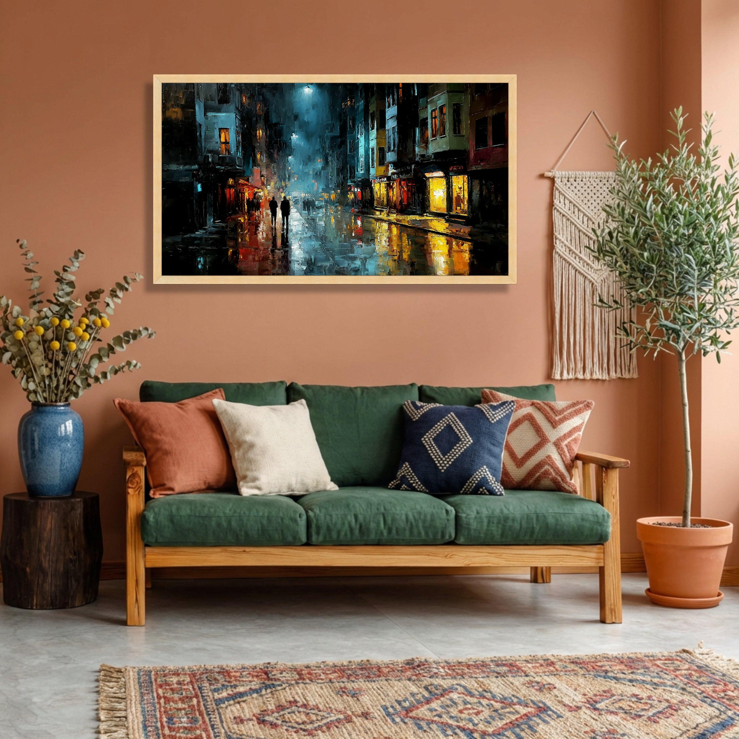 Rainy Night Cityscape Canvas Wall Art, Urban Street Scene Painting ...