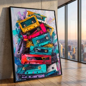 Può includere: Un'opera d'arte incorniciata con un vivace collage di musicassette retrò. Le musicassette sono in vari colori, tra cui giallo, rosa, verde acqua e rosso, con una cornice nera. L'opera d'arte ha uno stile moderno e astratto con pennellate colorate.