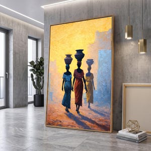 Donne africane che camminano con vasi, tramonto, quadro su tela, decorazione murale con silhouette etnica, tela dai colori vivaci, decorazione culturale per la casa.
