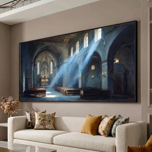 Tranquil Church Interior Canvas, Sunlight Streaming Through Windows, Religious Wall Art, Spiritual Worship Space, Cathedral Light Rays