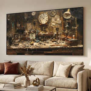 May include: A detailed painting of a watchmaker's workshop, filled with clocks, tools, and equipment. The scene is dominated by a large clock on the wall, with various other clocks and instruments scattered across a workbench. The color palette is warm, with browns and golds.