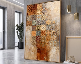 Vintage Moroccan Tile Canvas Wall Art, Boho Patterned Decor, Rustic Earth Tone Home Decoration, Mediterranean Style Canvas, Ready to Hang