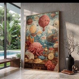 Maximalistisch nautisch fantasiecanvas, surrealistische hersenoctopuskunst, vintage klok met schelpen als wanddecoratie, steampunk luchtschepen schilderij