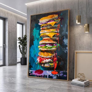 Vibrant Stacked Cheeseburgers Canvas Wall Art, Modern Food Painting, Colorful Burger Art, Pop Food Canvas, Kitchen Wall Decoration