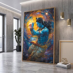 Kosmische Heer Krishna die fluit speelt canvas, spirituele blauwe figuur kunst aan de muur, etherische hemelse schilderij, decor mystieke Indiase god