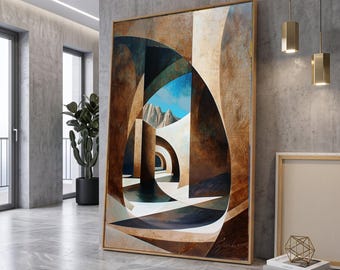 Puede incluir: Una gran pieza de arte mural rectangular enmarcada que presenta una composición abstracta de arcos geométricos superpuestos en tonos marrón, bronceado y azul oscuro. El centro revela un cielo azul brillante y picos montañosos lejanos.