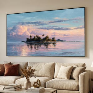Lienzo con puesta de sol en una isla tropical, arte de siluetas de palmeras, decoración de pared con reflejo del mar, pintura de paisaje nuboso, lienzo con paisaje costero