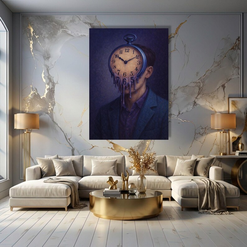 Surreal Melting Clock Face, Man Portrait Canvas Wall Art, Time Concept ...