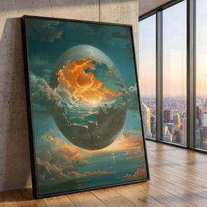 Surreal Sunrise Sphere, Cracked Orb Canvas, Ocean Wave Sunset, Fantasy Cloudscape Wall Art, Atmospheric Home Decoration
