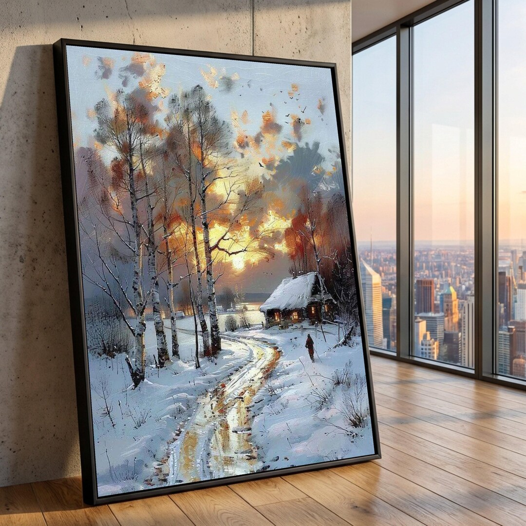 Winter Sunset Cabin Scene Canvas, Snowy Landscape Wall Art, Rustic Home ...