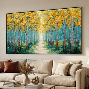 Golden Autumn Forest Path Canvas, Vibrant Tree Landscape Wall Art, Nature Scene Painting, Home Decor Canvas, Ready to Hang