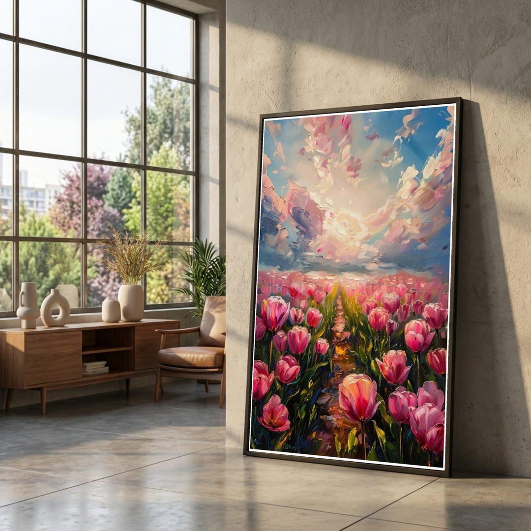 Vibrant Pink Tulip Field Canvas, Sunset Floral Landscape Wall Art ...